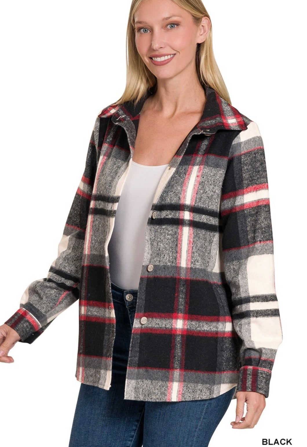 YARN DYED PLAID SHACKET -Black and Red