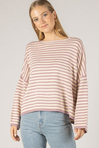 Striped T-Body Sweater - Mauve and Cream
