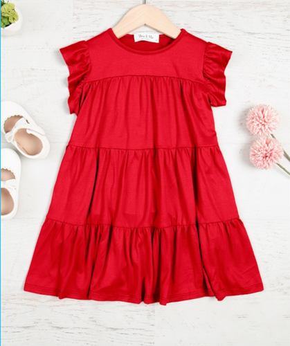Girls Ruffle Sleeve Tiered Dress - Red