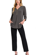 Load image into Gallery viewer, Basic 3/4 Sleeve Zip Blouse - Ash Grey