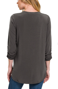 Basic 3/4 Sleeve Zip Blouse - Ash Grey