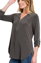 Load image into Gallery viewer, Basic 3/4 Sleeve Zip Blouse - Ash Grey