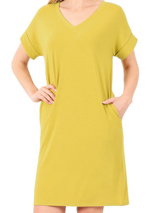 Basic Short Sleeve V-Neck Swing Dress - Yellow