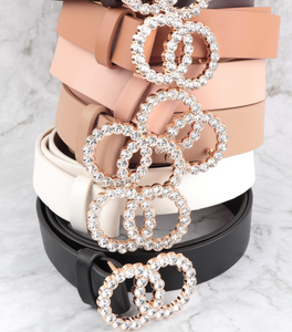 Faux Leather Belt with Bling Buckle -White