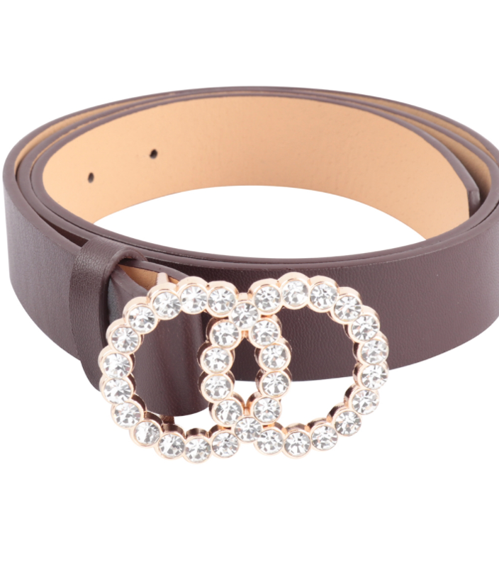 Faux Leather Belt with Bling Buckle -Dark Brown