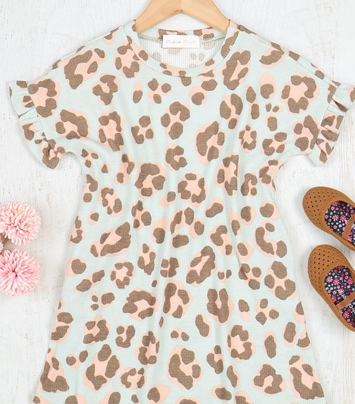 Girls Mint Leopard Short Sleeve Dress with Ruffle