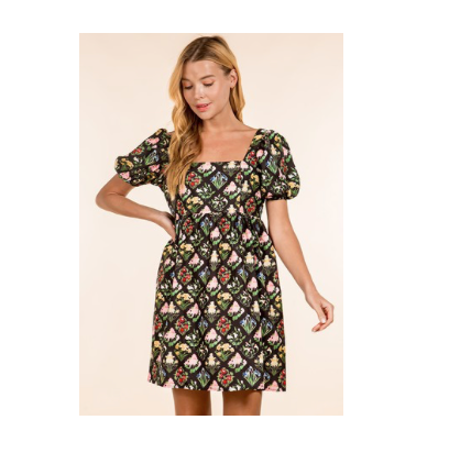 Fall Tulip Square Neck  Dress w/Puff Sleeves