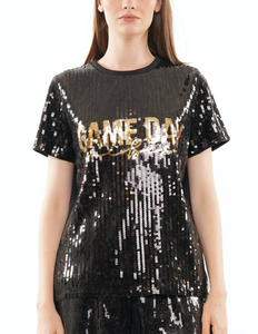 Sequin Jersey Top "Game Day Vibes" -Black/Gold