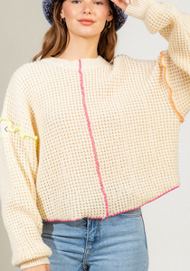 Contrast Stich Knit Sweater - Cream