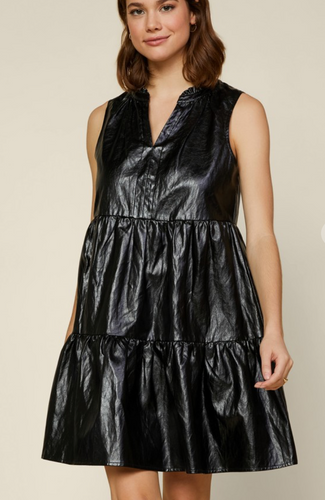 Vegan Leather Tiered Dress - Black