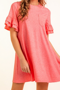 Ruffle Sleeve T-Shirt Dress - Coral