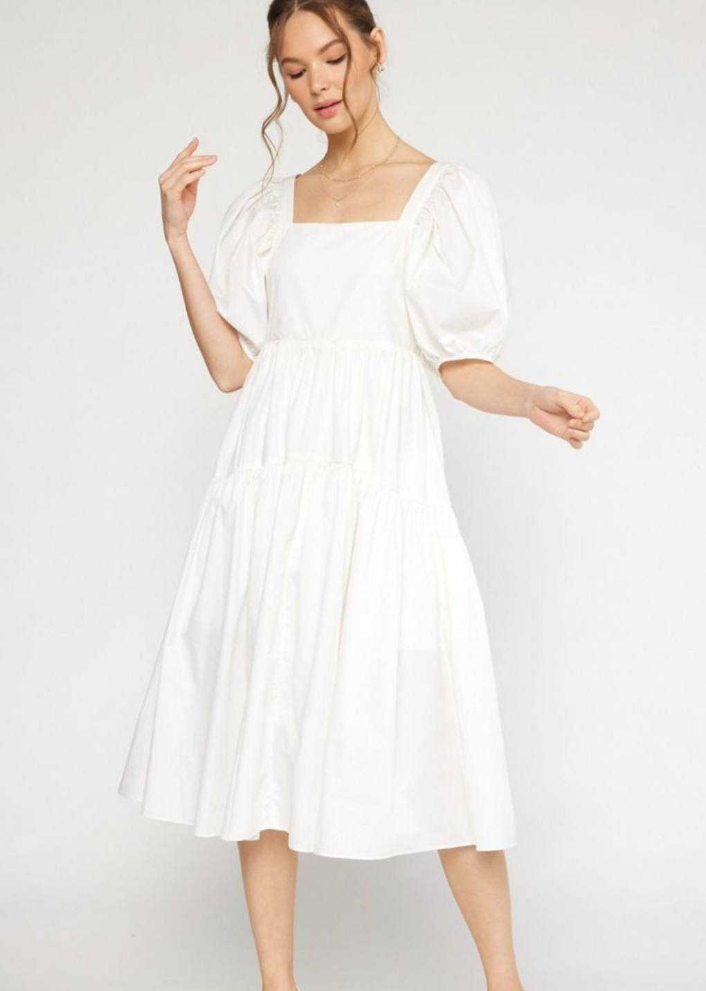 Puff Sleeve Midi Dress with Smocked Back- White