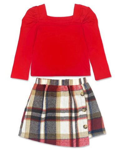Girls Skirt and Plaid Skirt Set -Red