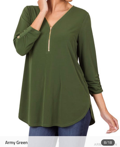 Basic 3/4 Sleeve Zip Blouse.- Army Green