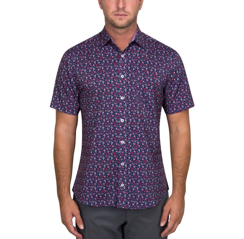 Men's Wrinkle Free Short Sleeve Button Up - Printed Navy Floral