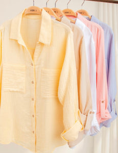 Long Sleeve Double Gauze Button Down Shirt - Yellow