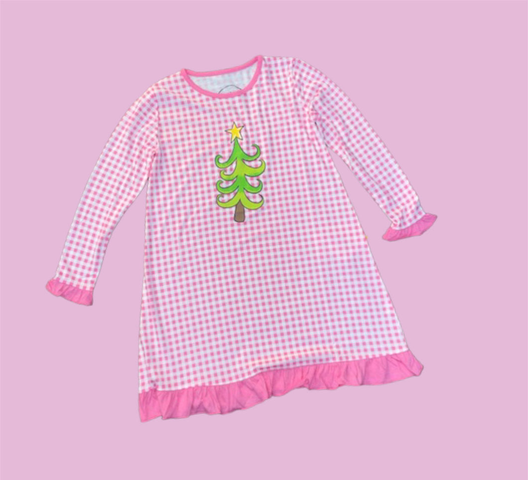 Kids Whimsical Tree Gingham Long Sleeve Gown - Pink